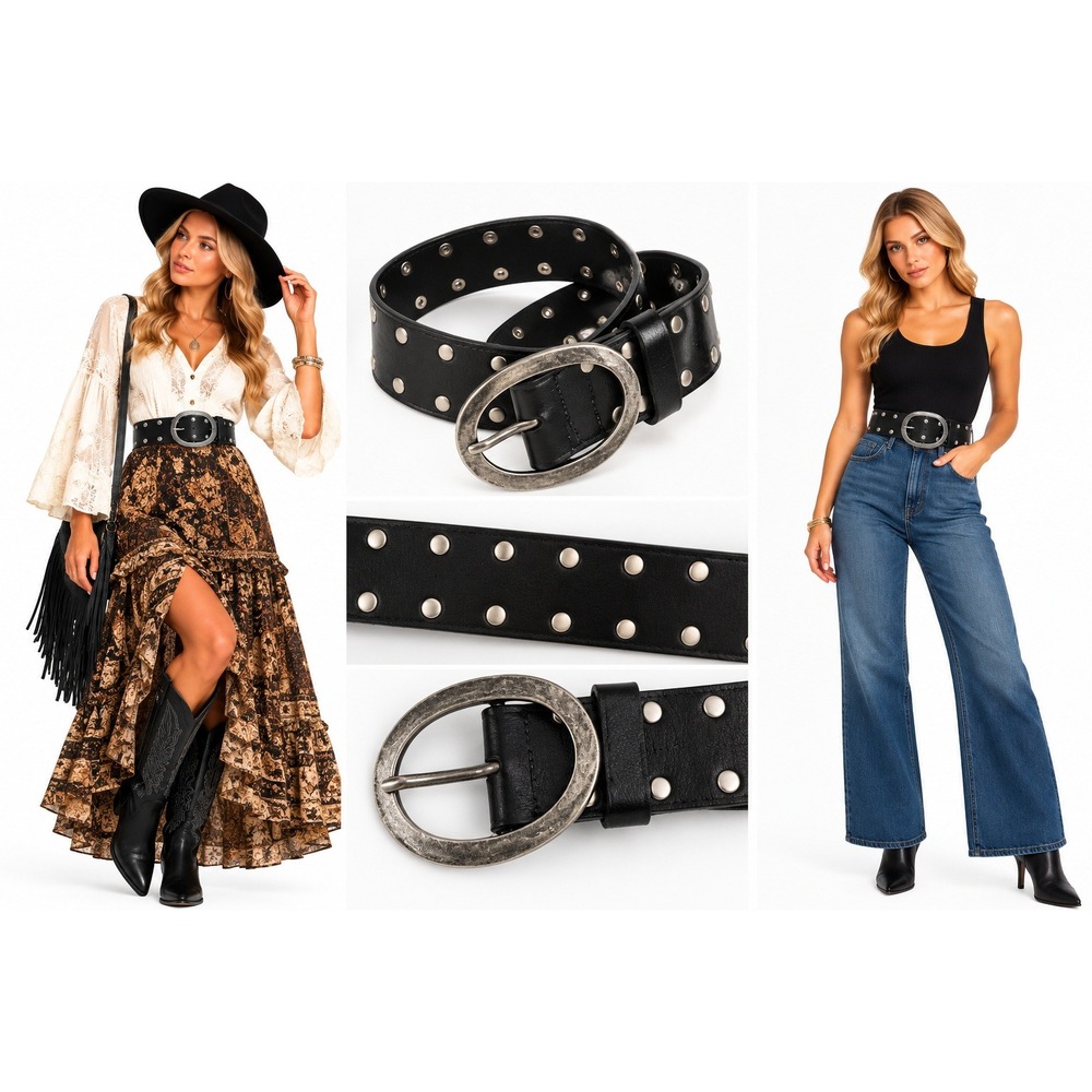 WCM New York S Black Italian Leather Studded Belt Oval Buckle Moto Y2K Indie